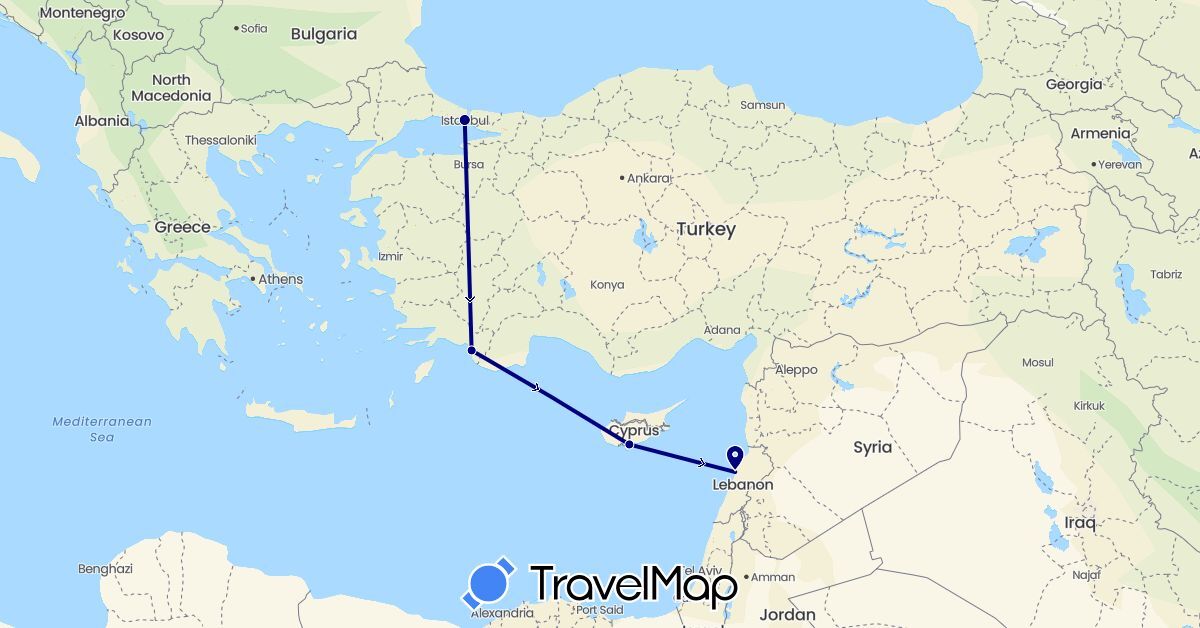 TravelMap itinerary: driving in Cyprus, Lebanon, Turkey (Asia)